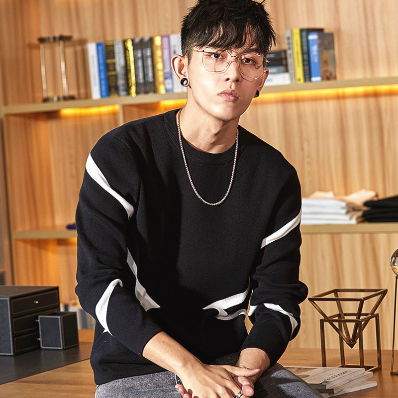 

sweater knit pusite men's 2021 autumn round neck pullover slim jacquard trend long sleeve, White;black