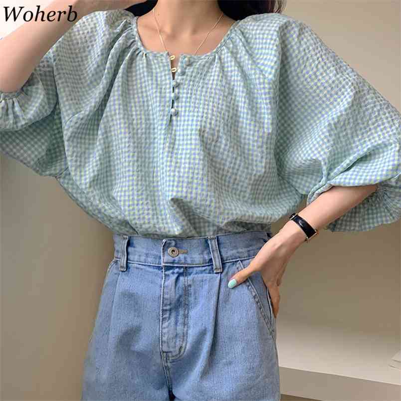 

Summer Women Plaid Blouse Loose Casual Single-breasted Round Neck Shirt All Match Lantern Sleeve Blusas 210519, As photo