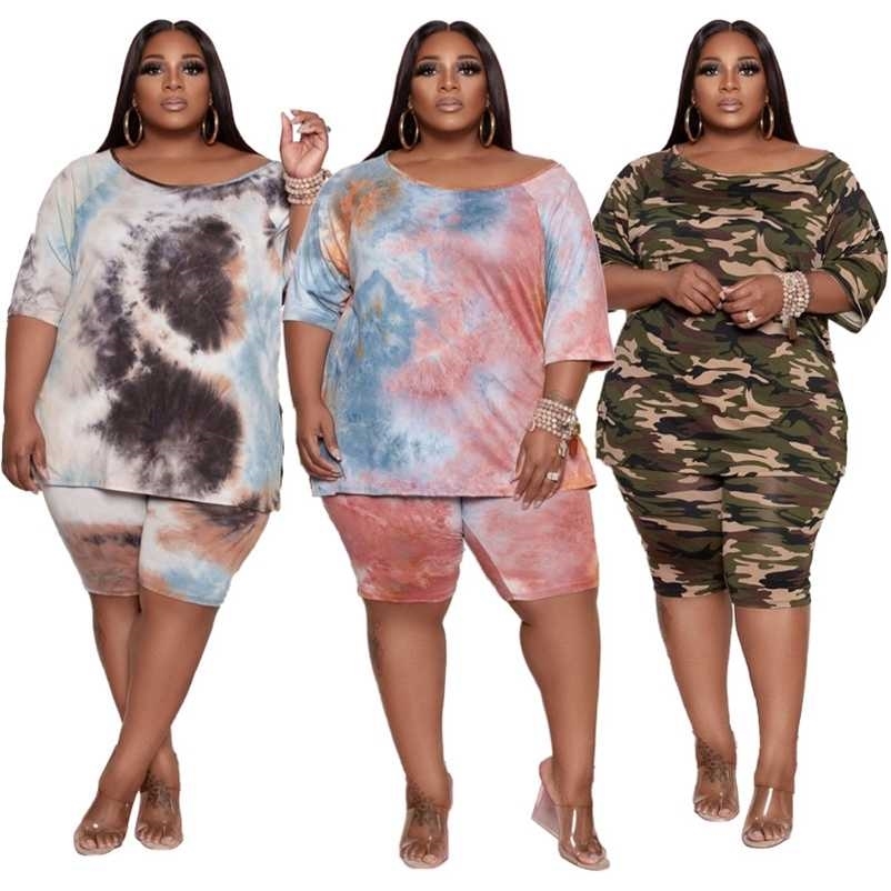 

Plus Size Women Clothing Two Piece Set 5xl Camouflage Tie-dye Printing Fashion Summer Casual Shorts Suit Wholesale Drop 211029