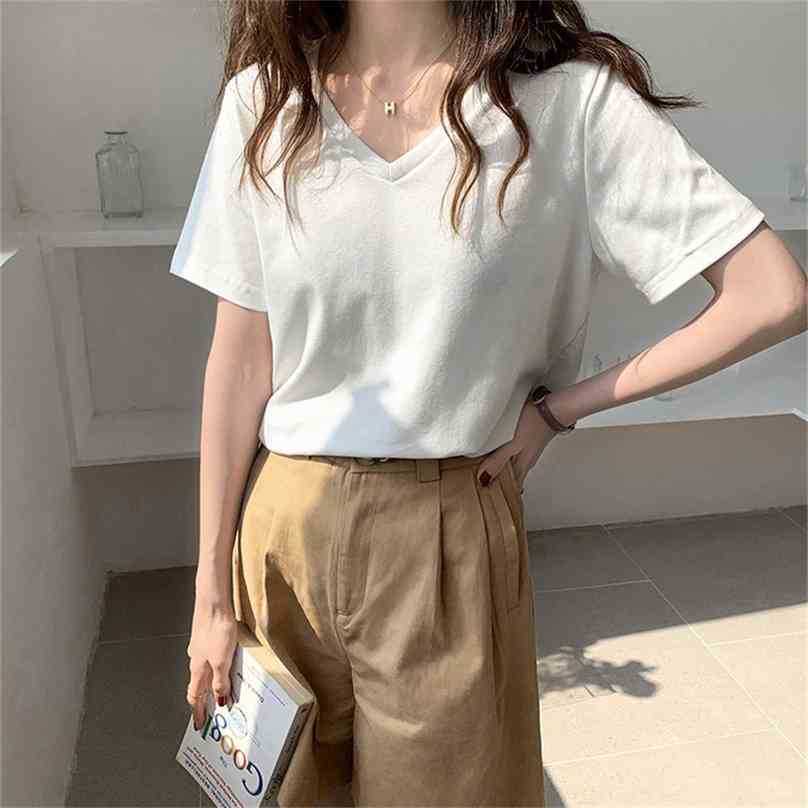 

Casual Tee Retro V-Neck Summer Girls Thin Plus Short-Sleeved Solid Brief Basic Chic Loose Tops T-shirts 210525, White