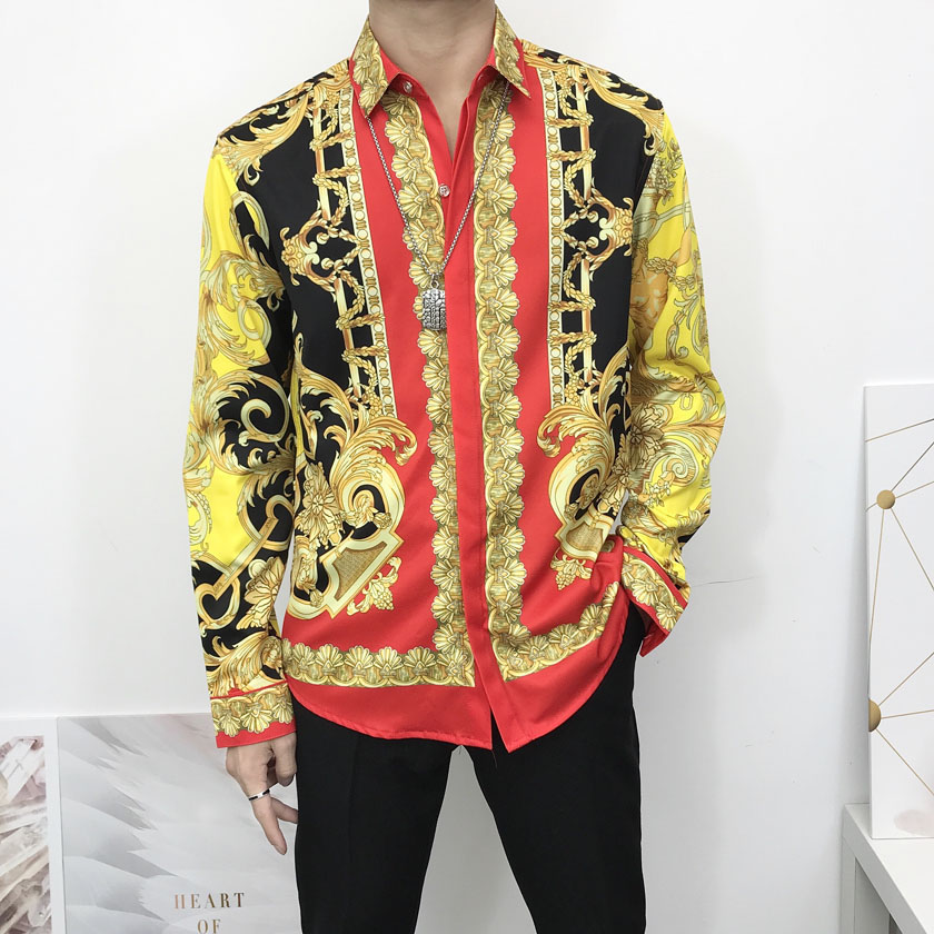 

2021 New Men's Casual Shirts high quality Gold Floral Print Mens Dress Shirt Patterns Slim Fit Shirts Men Fashion Business Shirts Clothing