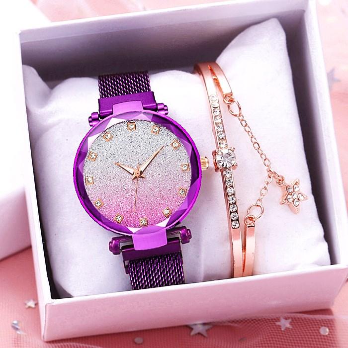 

Wristwatches 2 PCS Set Watch Women Magnet Buckle Gradient Square Diamond Luxury Ladies Quartz Analog Watches Relogio Feminino, Black