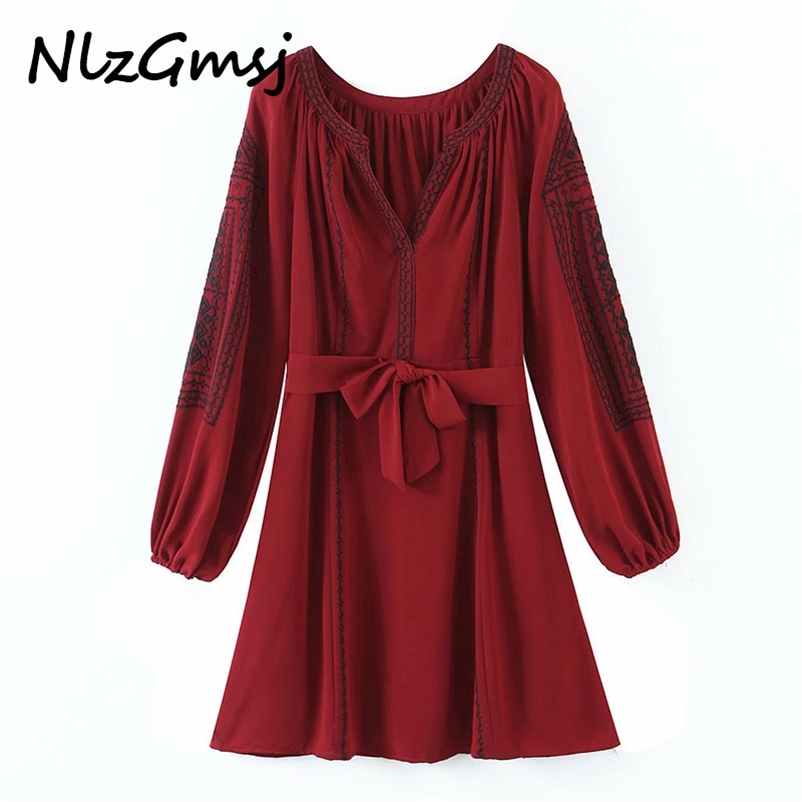 

Dres Spring Long Sleeve Red es Waistband Slim Vestito 210628, As picture
