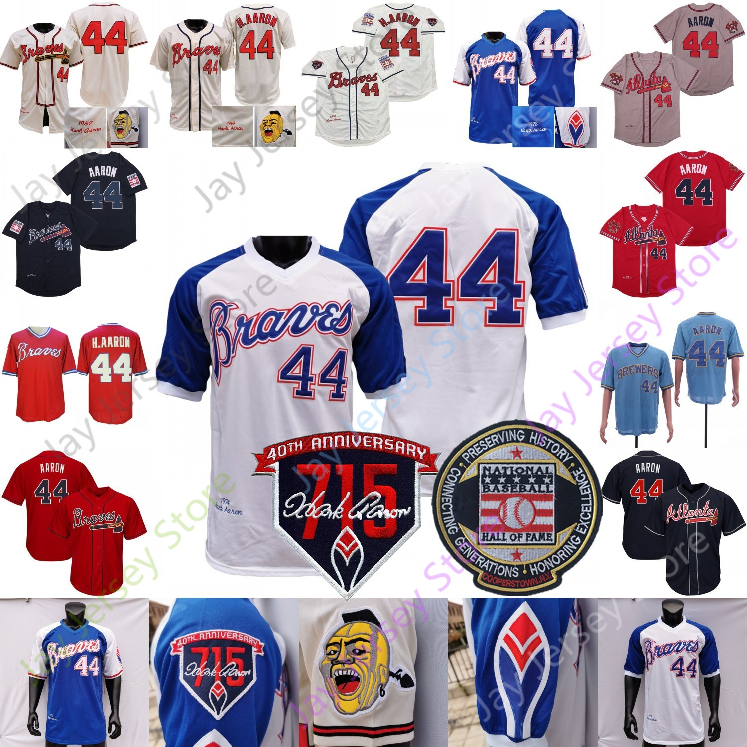 

Hank Aaron Jersey Baseball 1963 1974 Hall Of Fame 715 Patch Zipper Pullover Button Home Away White Red Cream Blue, Salute to service