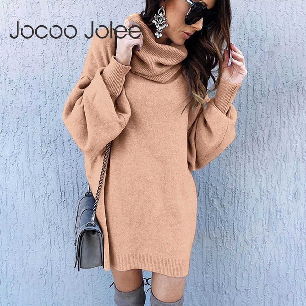 

Jocoo Jolee Elegant Knitted Dress Autumn Winter Turtleneck Lantern Long Sleeve Loose Sweater Dress Vintage Solid Mini Dress 2021, Gray