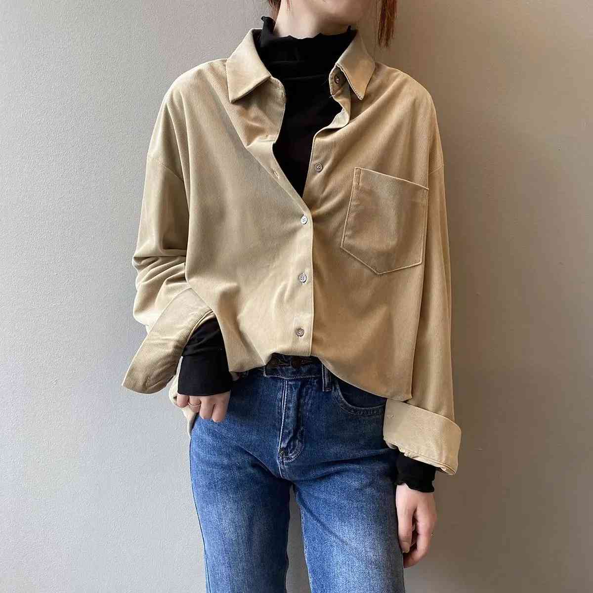 

Women's Blouses & Shirts EBAIHUI Women 2021 Fashion Pockets Oversized Vintage Corduroy Dark Series Long Sleeve Solid Loose Female, Black