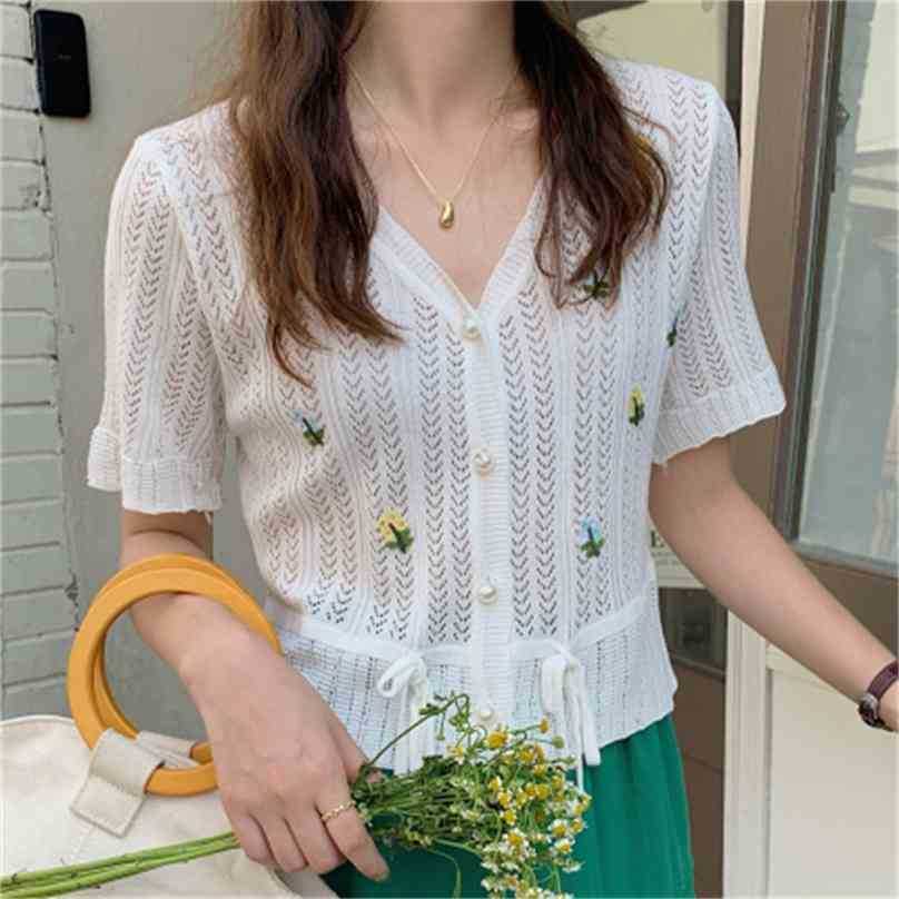 

Hollow Out Knitted Slim Blouses Chic Knitwear OL Cardigans Streetwear Florals Short Sleeve Shirts Tops 210525, Apricot