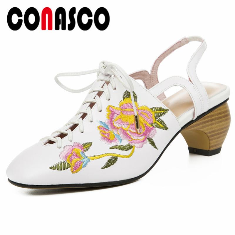 

Retro Elegant Women Pumps Genuine Leather Embroider High Heels Spring Summer Leisure Dress Shoes Woman Lace Up, Black