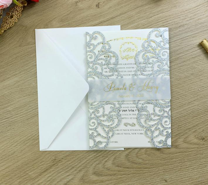 

2021 Laser Cut Invite for Wedding, Glitter Rose Gold Wedding Invitations with Belly Band Free Printing, Silver
