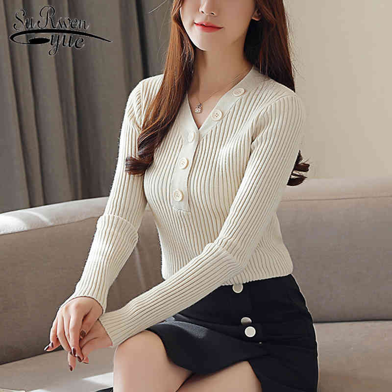 Pull Femme hiver à manches longues solide Pull Femme Pull décontracté col en v Pull tricoté femmes bouton 6689 50 210508