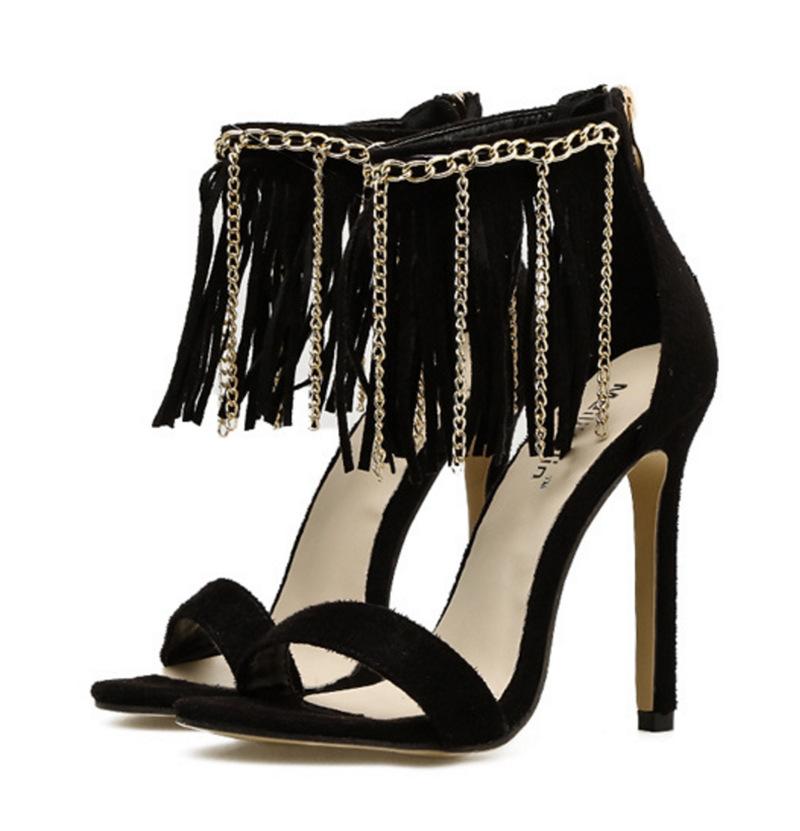 

Summer Thin High Heel Sandals Women Retro Velvet Shallow Mouth Slingback Crystal Chain Fringe Tassel Pumps Banquet Shoes Dress, Black