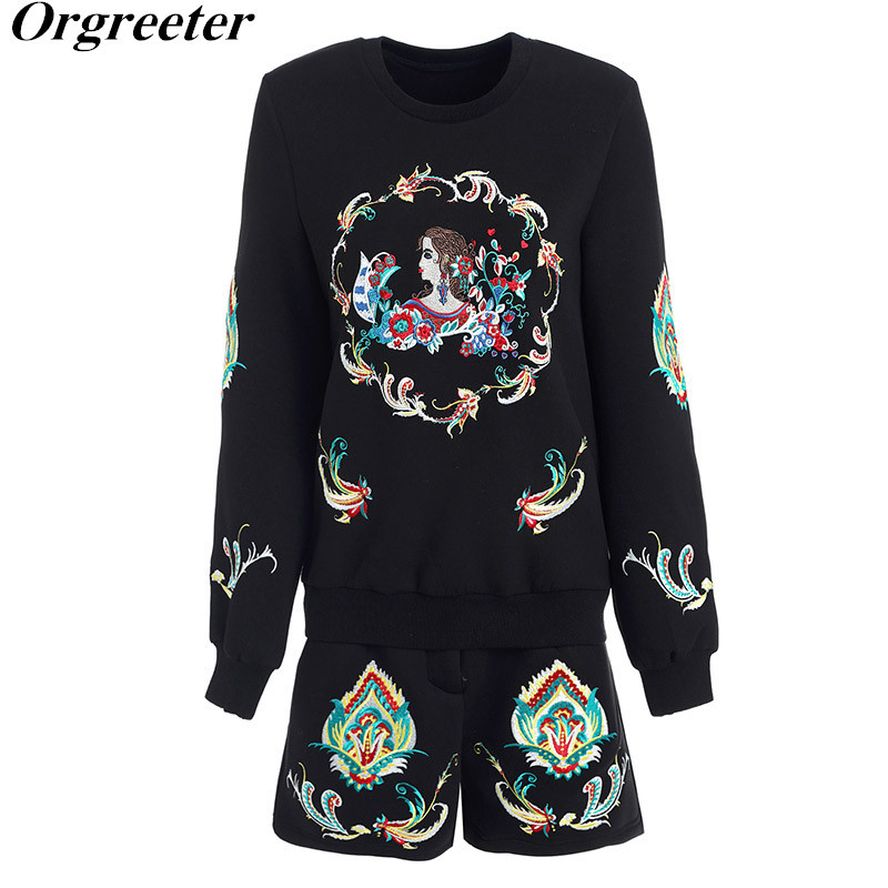 

High Street Fashion Casual Two piece Outfits Spring Autumn Women Long Sleeve Retro Embroidery Sweashirt Top and Shorts Suit Sets 210525, Green