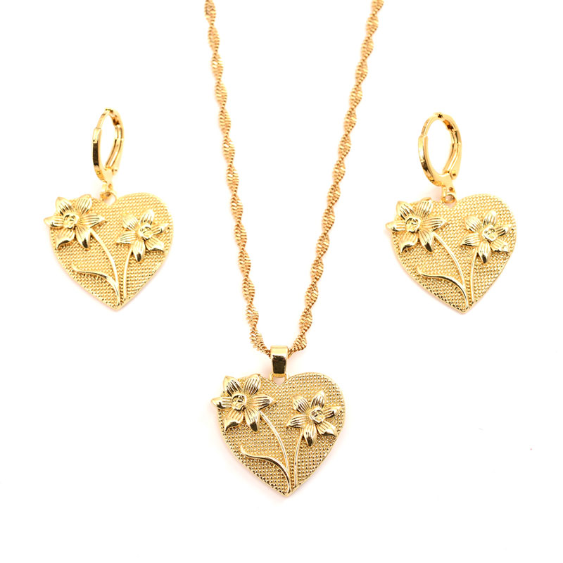 Love France RD Charm Pendant Earring Flower Heart 18 k Yellow Fine THAI BAHT G/F Solid Gold Dangling Set Jewelry-image-699245010
