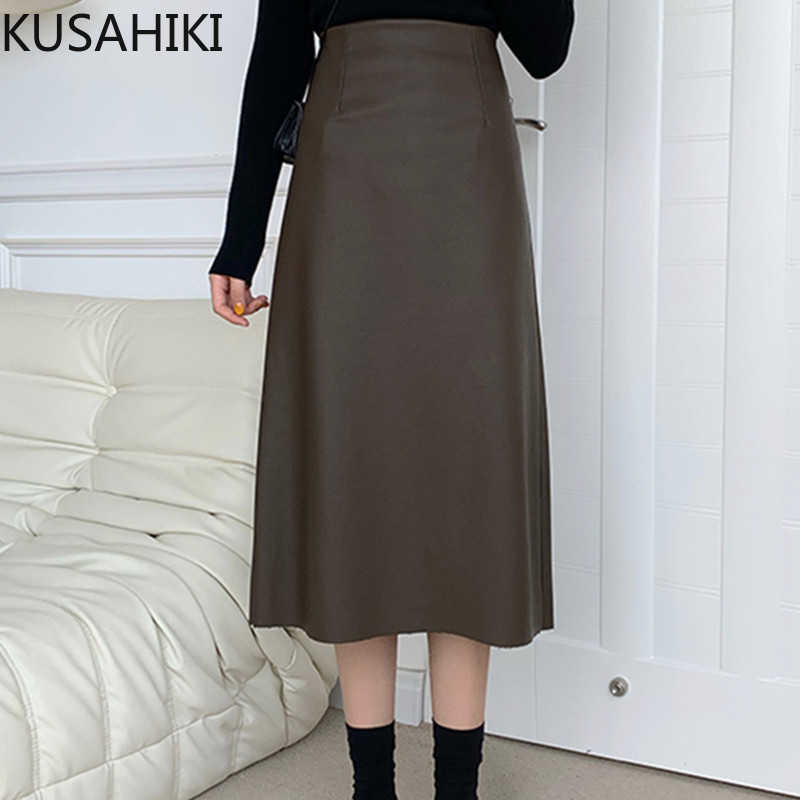 

Hing Waist PU Leather Elegant Woman Skirts Causal A-line Split Skirt Spring Mid-calf Bottoms Mujer Faldas 6G421 210603, Black