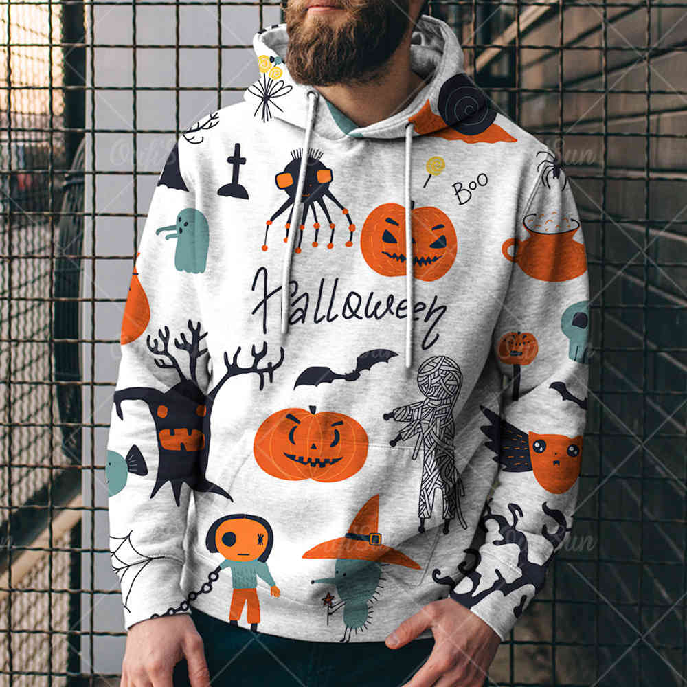 

2021 autumn fashion halloween pumpkin head printed 3d sweater men's loose sports hoodie8ttf, Black