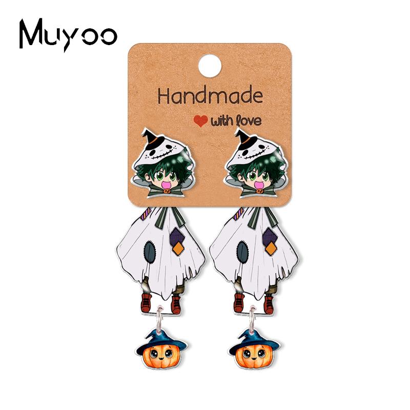 

Stud 2021 My Hero Academia Halloween Midoriya Izuku Ghost With Pumpkin Epoxys Acrylic Earrings Handcraft, Golden;silver