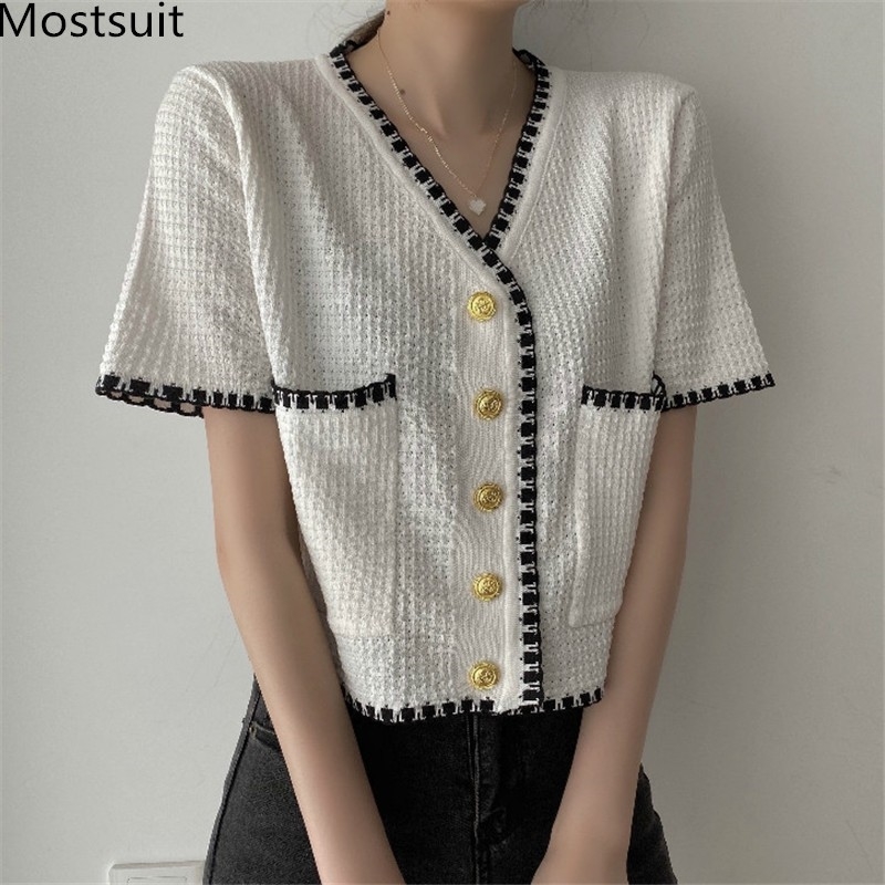 

Autumn Vintage Elegant Knitted Short Cardigans Tops Women Sleeve V-neck Single-breasted Pockets Fashion 210518, White