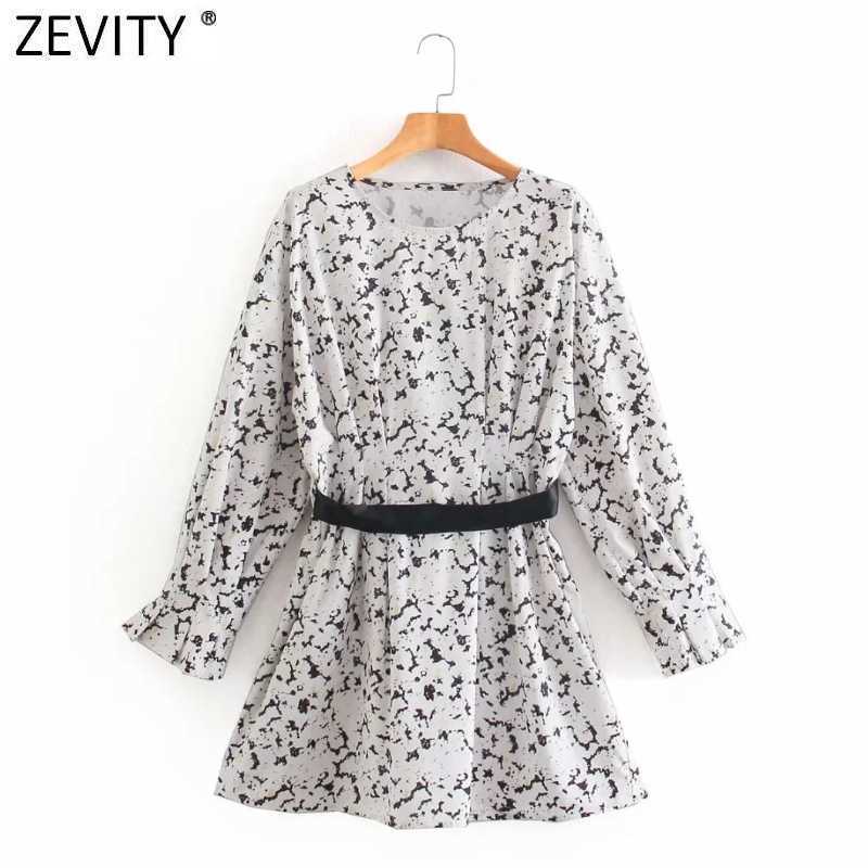 

Zevity Women Vintage O Neck Digital Printing Press Pleat Shirt Dress Female Chic Long Sleeve Black Ribbon Sashes Vestido DS8158 210603, As pic ds8158ld