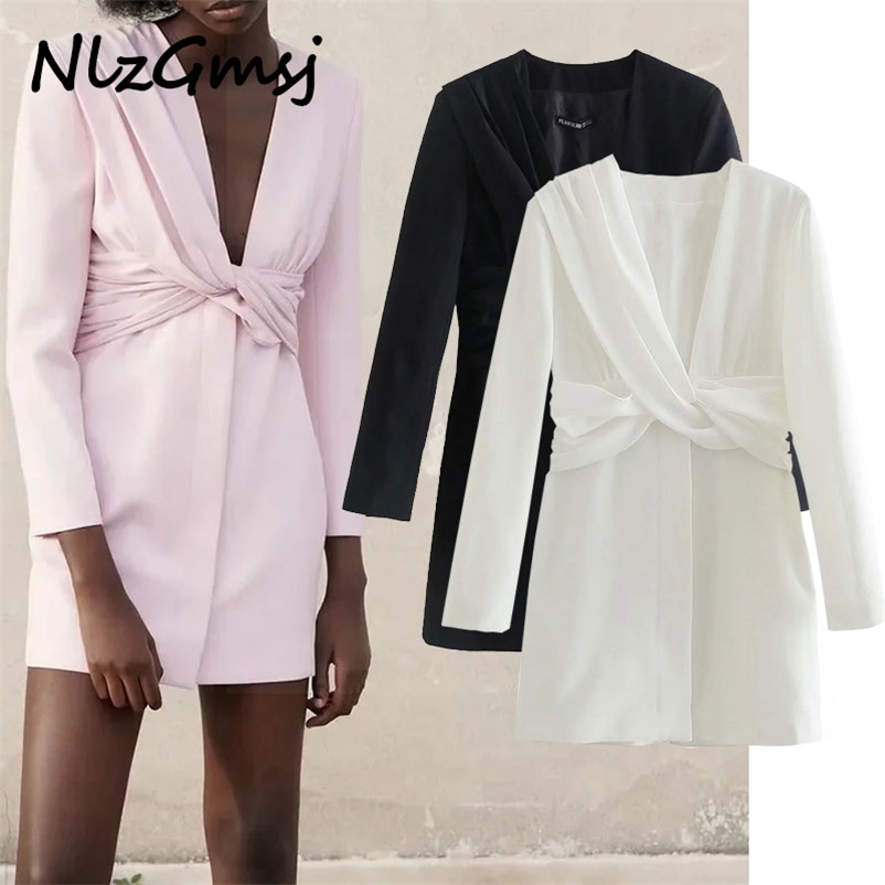 

Women Sexy Deep V Neck Pleated Knotted Solid Mini Dress Lady Long Sleeve Vestido Chic Casual Suit Dresses 05 210628, As picture