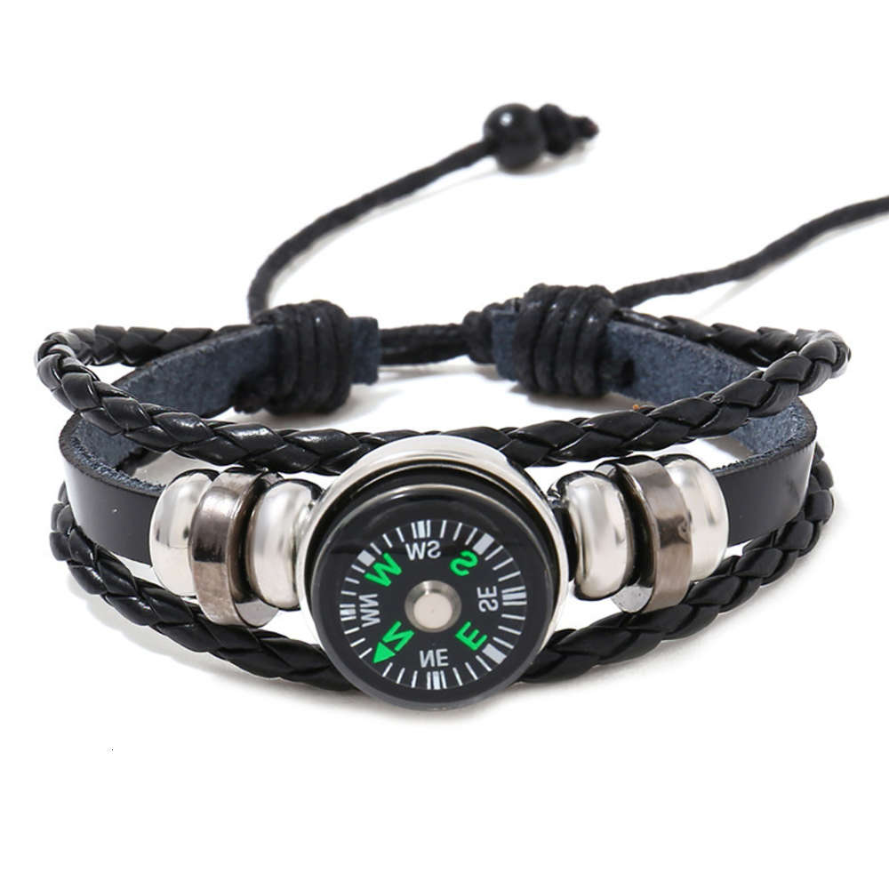 

Hand catenary Men's and women's Beaded Leather Bracelet knitting outdoor compass leather bracelet Jewelry, Black