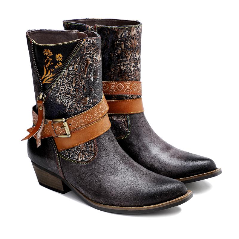 

Boots Iliyah Vintage Bohemian Ankle Cowboy Women Shoes Genuine Leather Slip On 2021 Woman Winter Botas Mujer, Brown