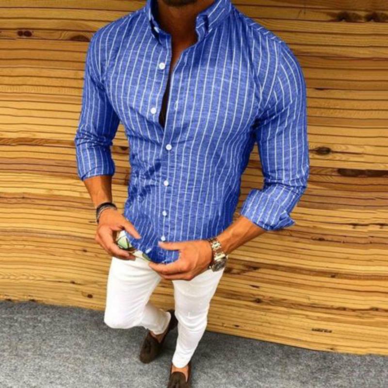 

Autumn Brand Fashion Men Long Sleeve Striped Shirt Casual Slim Fit Stylish Dress Shirts Tops Men, Blue