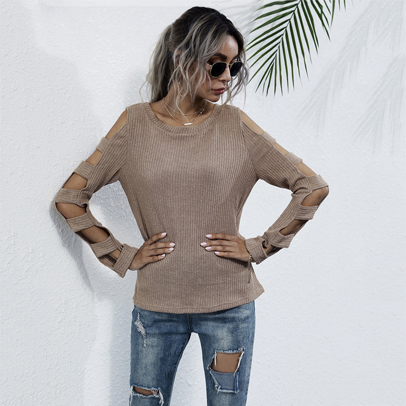 

2021 autumn sweater off-shoulder slim-fit sweater women's hollow long-sleeved bottoming women, White;black