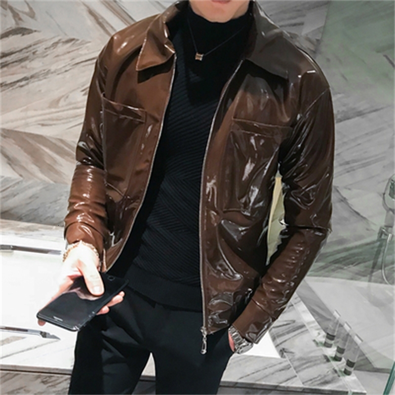 

Men's Leather Motorcycle Clothing Nightclub Hair Stylist Personality Tide Lapel Section Jackets Slim Fitting Coats, Brown
