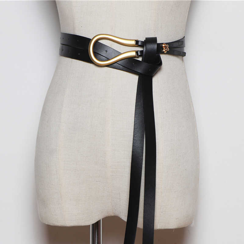

FASHION light gold weight alloy buckle knotted belt solid long waistbands women knot belts soft PU leather body belt coat 210630, Black