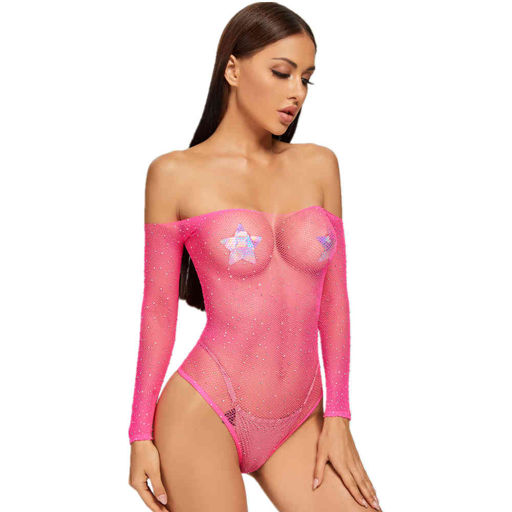 

Fashion Bodysuit Sexy V Neck Mesh Diamonds Transparent Women Bodysuit Beachwear See Throught Fishnet Party Night Clubwear, Red;black