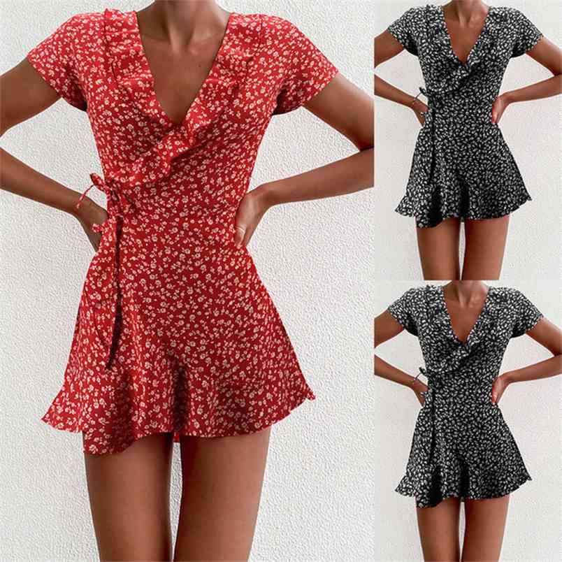 

Summer Dress Sexy Deep V-Neck Ruffled Lace-Up A-Line Thin Female Fashion Boho Floral Print Sundress Women 210517, Red