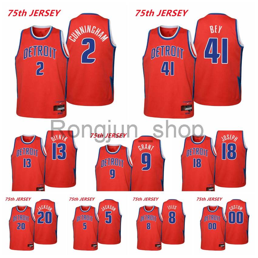 

2021-22 75th Anniversary Printed Mens Basketball Cade Cunningham 2 Jerami Grant Saddiq Bey Josh Jackson Kelly Olynyk Trey Lyles Joseph Red Jerseys