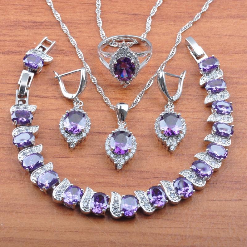 

Earrings & Necklace Sparkling Purple Zirconia Crystal Silver Color Jewelry Set For Women Pendant Rings Bracelet JS0512