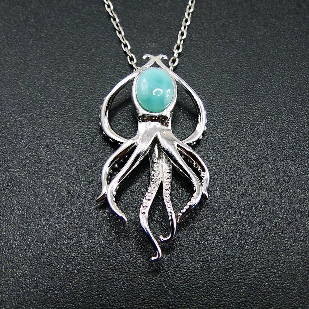 

ing 925 Sterling Silver Sea Life Animals Natural Dominica Larimar Octopus Pendant Neckalce For Women