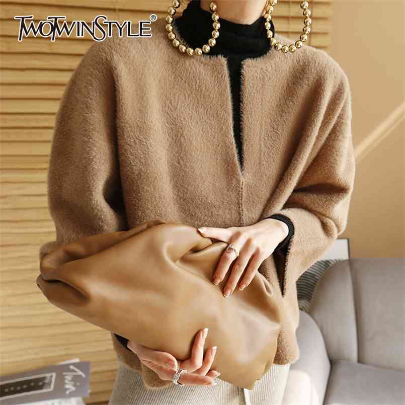 

Minimalist Elegant Sweater For Women V Neck Long Sleeve Casual Solid Knitted Tops Female Fashion Clothing 210524, Darkcamel