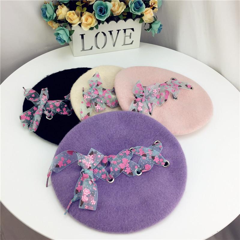 

Berets Autumn Winter Warm Wool Hats For Girls Lace Belt Beret Cap Painter Cute Hat Children, Black