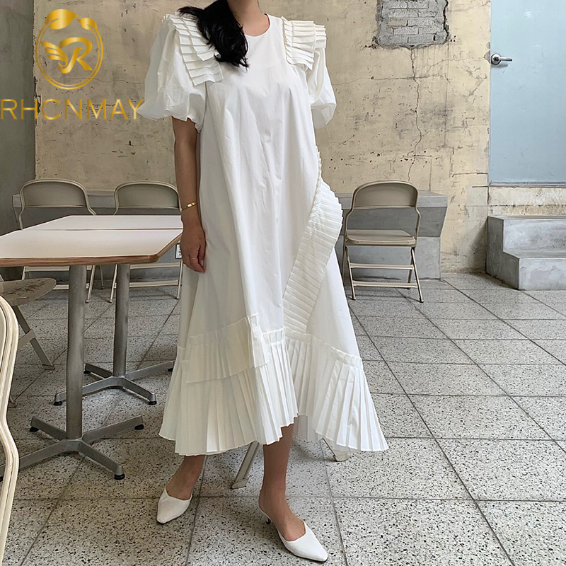 

elegant ruffles pleated dress women korean chic o neck puff sleeve irregular dresses femme summer 2021 solid vestidosswimwear bathing suits, Black;gray