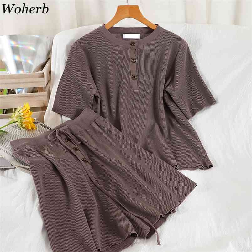 

Casual Short Sets Korean Chic Knitted Two Pieces Set Sleeve Button Tops + High Waist Wide Leg s All Match Suit 210519, Black
