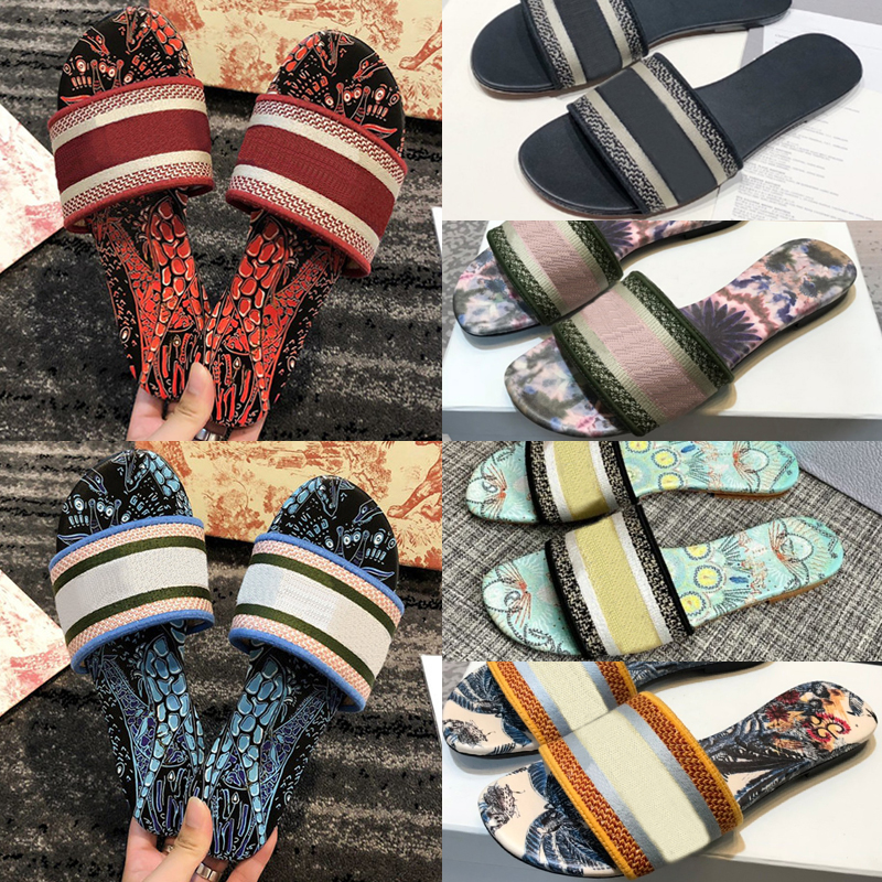 

2021 Women Lady Sandals Slippers Embroidery Designers Slides Sandal Flip Flops Striped Beach Leather Rubber Flower Slipper Loafers 35-41, 12