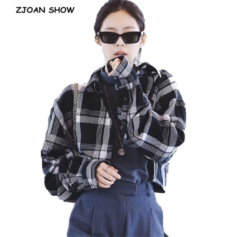 

Short Black Gray Check Plaid Shirt Korea Clothing Retro Woman Lapel Long sleeve Cropped Blouse Tops Y2K Blousas 210719, Blackgray