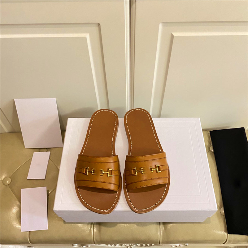 

Vegetal Calfskin Womans Slippers Straight Stacked Leather Heel Slides Sandals Gold Finishing Women Slipper Long-lasting Top Quality Designer Shoes
