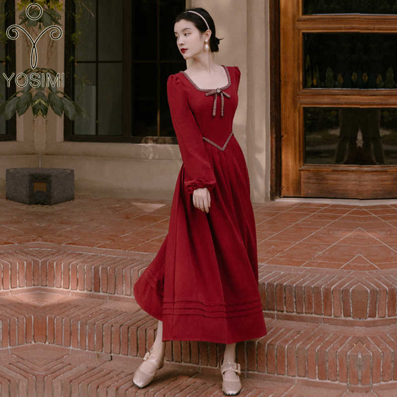 

YOSIMI Long Dresse Red Vintage Square Collar Full Sleeve Fit and Flare Autumn Winter Pleated Party Dress 210604