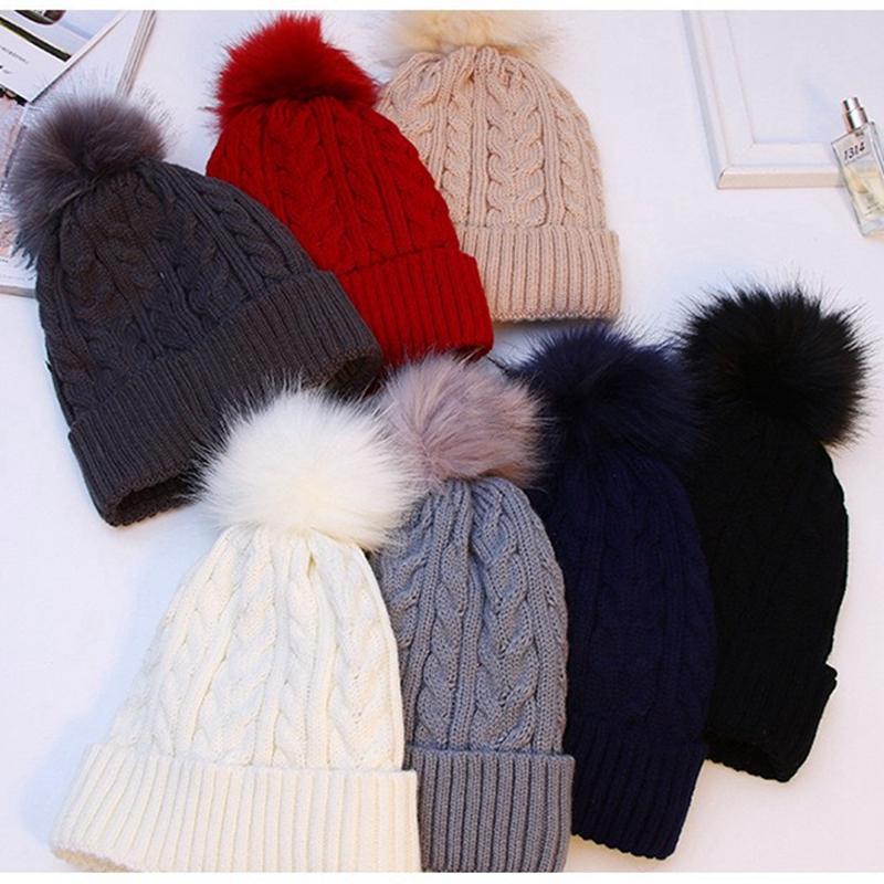 

Thicken Warm Fur Ladies Pom Hats Beanie Winter For Women Knitted Hat Female Pompom With Pompon, White