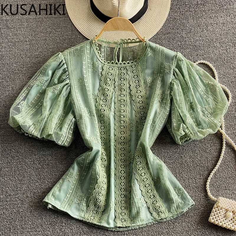 

Lace Shirt Elegant Puff Short Sleeve O-neck Women Blouse Causal Summer Blusas Mujer De Moda 6G874 210603, White