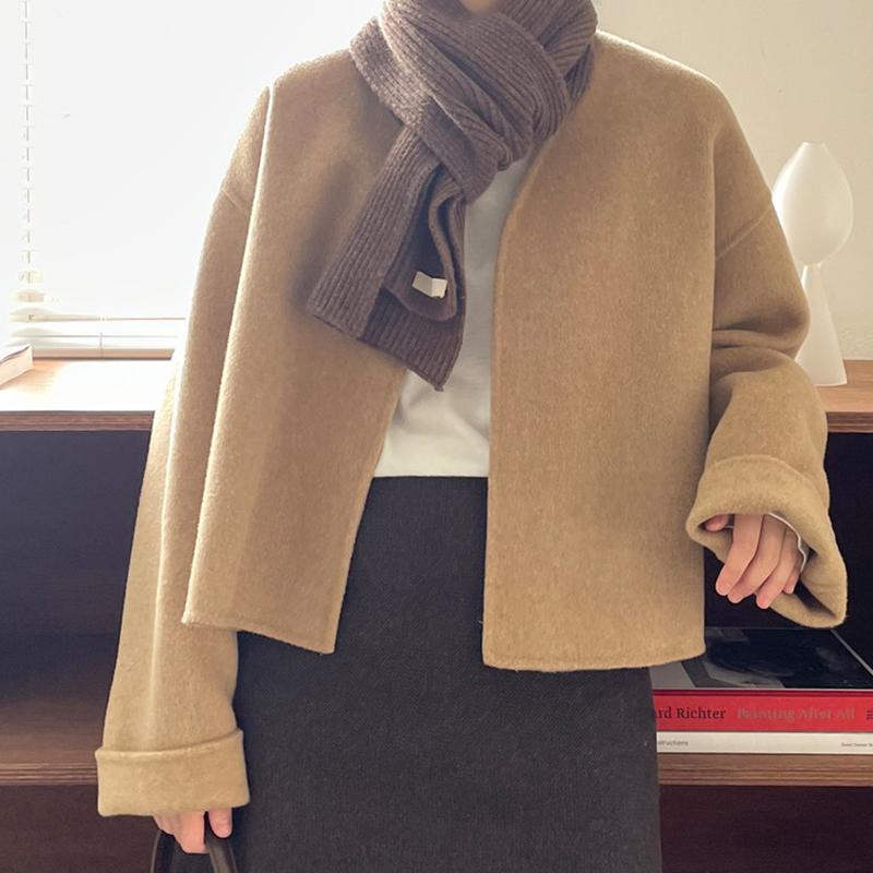 

Women's Wool & Blends Ailegogo Spring Autumn Women V-neck Open Stitch Short Woolen Coat Casual Female Loose Warm Khaki Tops Ladies Outwear, Black