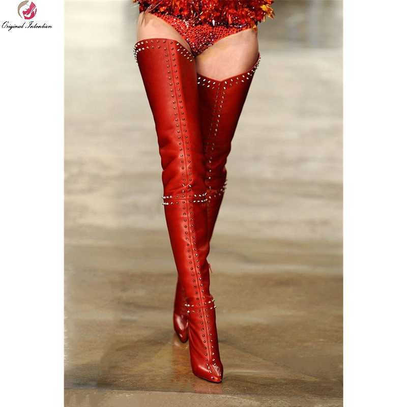 

Boots Winter High Thigh Thin Heels Woman Metal Decoration Rivet Pointed Toe Red Over The Knee Women Shoes Plus Size 35-47, Black