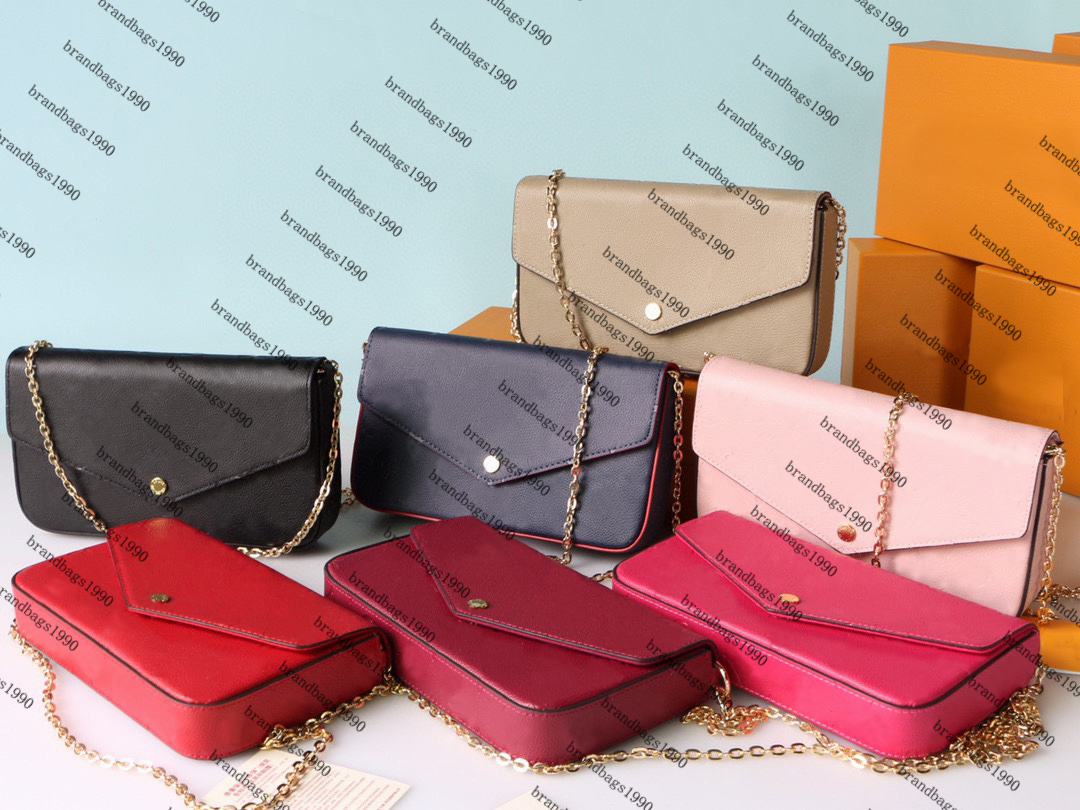 

Embossed flower handbag Pochette Felicie Leather clutch women Bags 3 Piece/set Clutch Wallet with box corss body card holder fashion chain purse messenger handbags, Custom-made