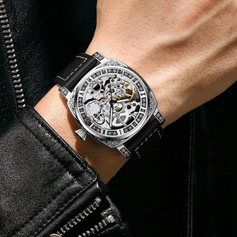 

Wristwatches Exquisite Carving Hollow Mechanical Watch Men Luxury Steampunk Skeleton Automatic Self-wind Watches Leather Sport Military Cloc, Black