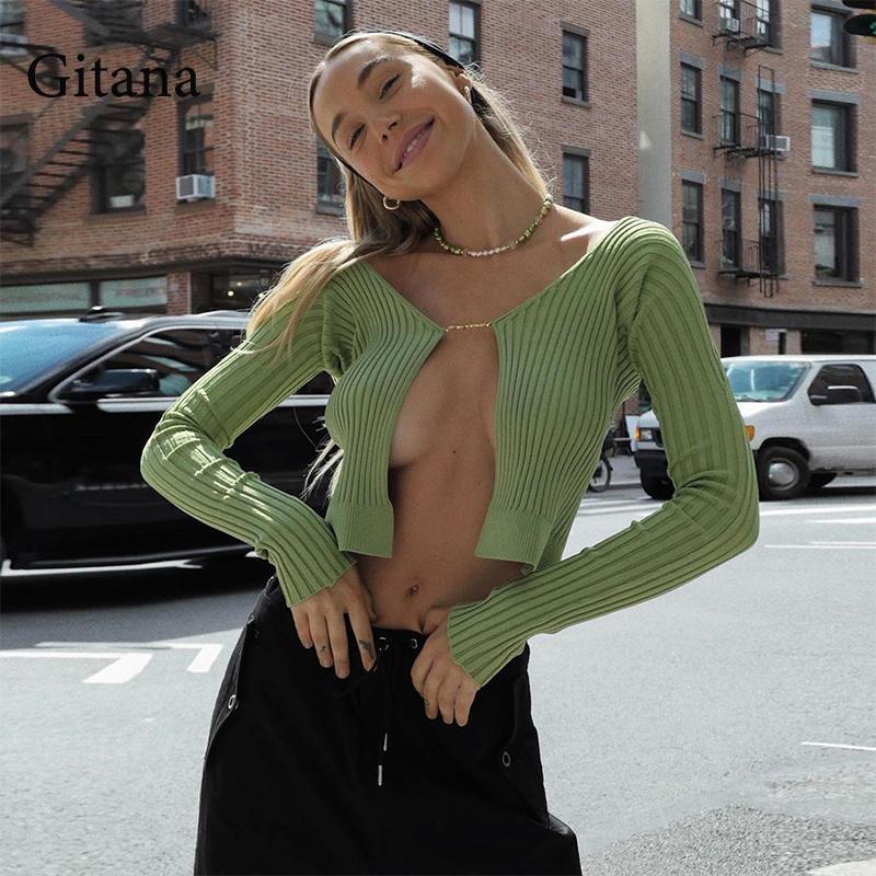 

Women' Knits & Tees Gitana Y2K Sexy Knitted Long Sleeve Sweaters For Women 2021 Fashion Autumn Cardigan Ribbed Cropped Pullovers Tops Cloth, Green