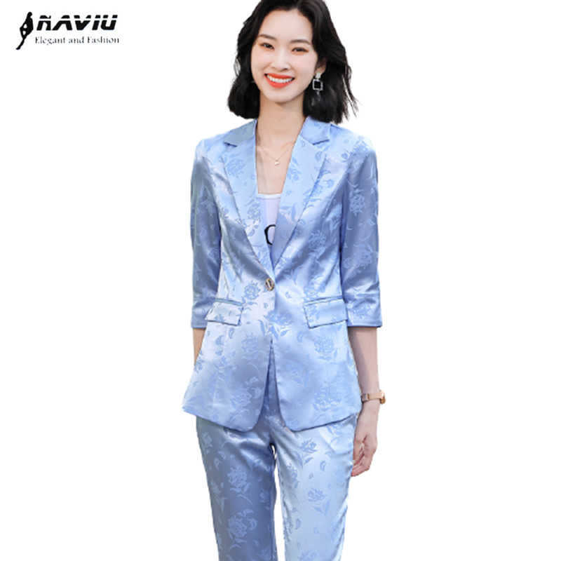 

Printed Suit Summer Fashion Formal Temperament Half Sleeve Blazer And Pants Office Ladies Business Work Wear 210604, Blue blazer